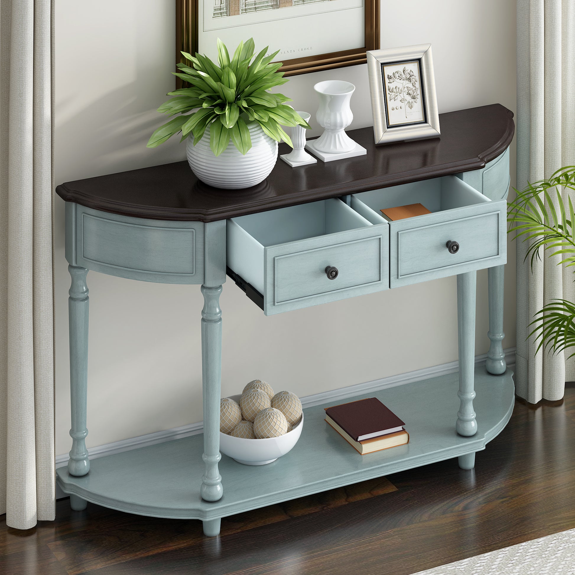 Retro Circular Curved Design Console Table With Open Style Shelf Solid Wooden Frame And Legs Two Top Drawers Cherry Antique Blue, Old Sku: Wf298768Aac Cherry Antique Blue Solid Wood