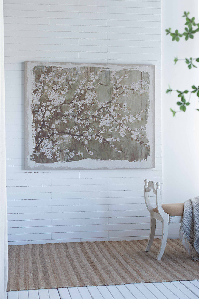 60" X 48" Large Cherry Blossom Canvas Art Print, Home Decor Accent Piece Gray White Matte Mdf