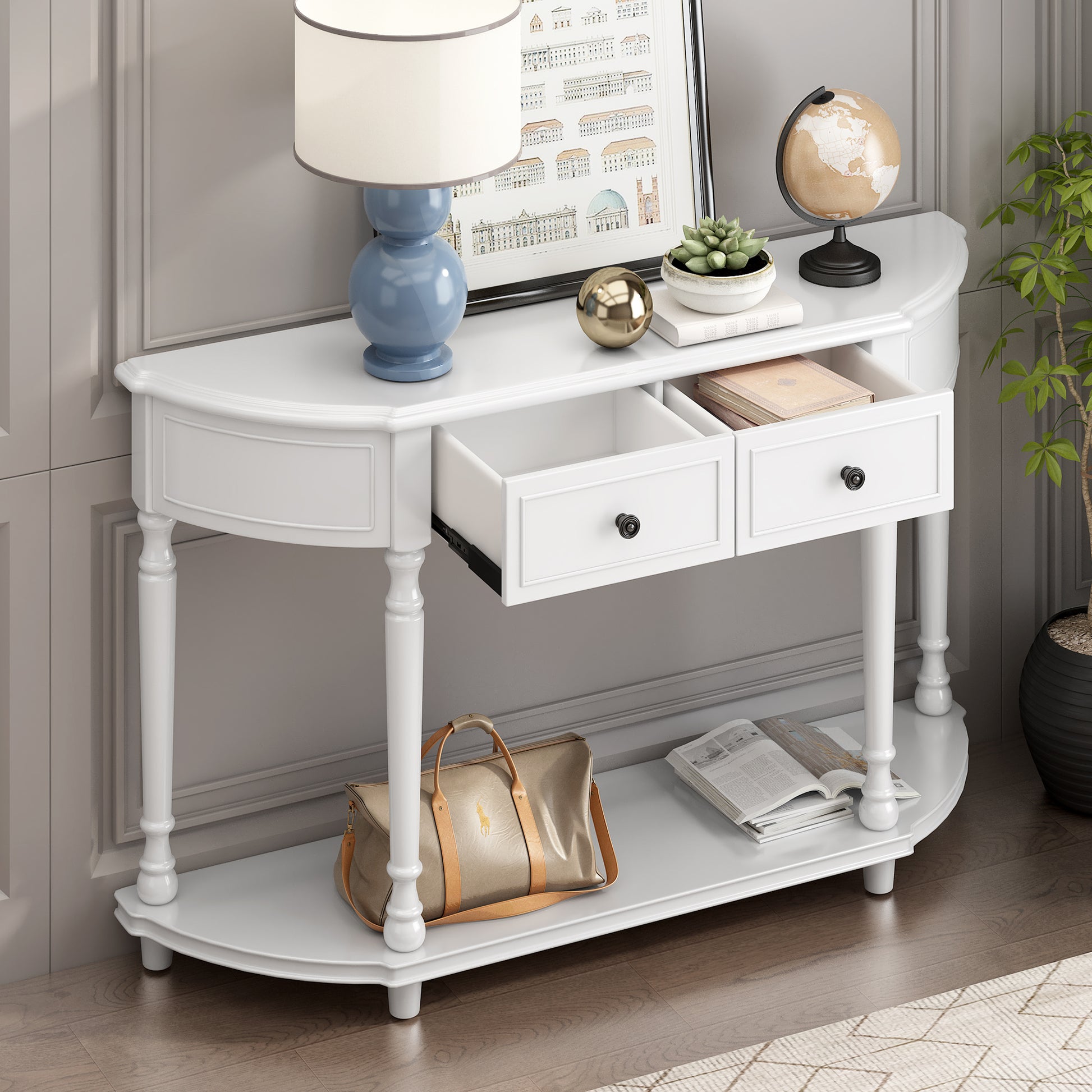 Retro Circular Curved Design Console Table With Open Style Shelf Solid Wooden Frame And Legs Two Top Drawers White, Old Sku: Wf298768Aak White Solid Wood