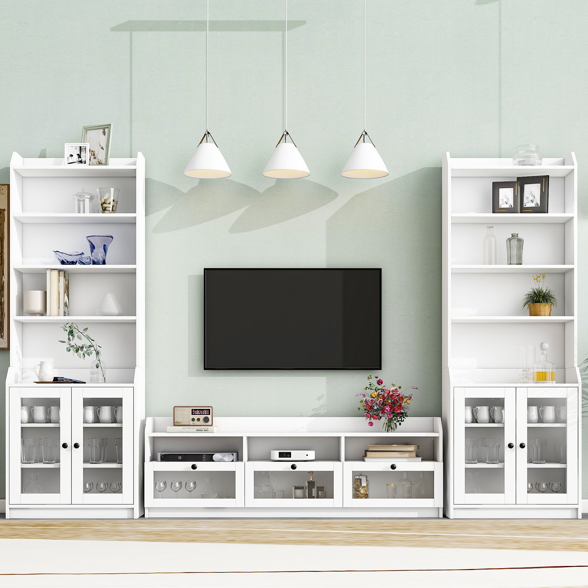 Chic Elegant Entertainment Wall Unit With Tall Cabinets, Modern Tv Console Table For Tvs Up To 65", Multifunctional Tv Stand Set With Acrylic Board Door, White White Primary Living Space 60 69 Inches 60 69 Inches 65 Inches Particle Board