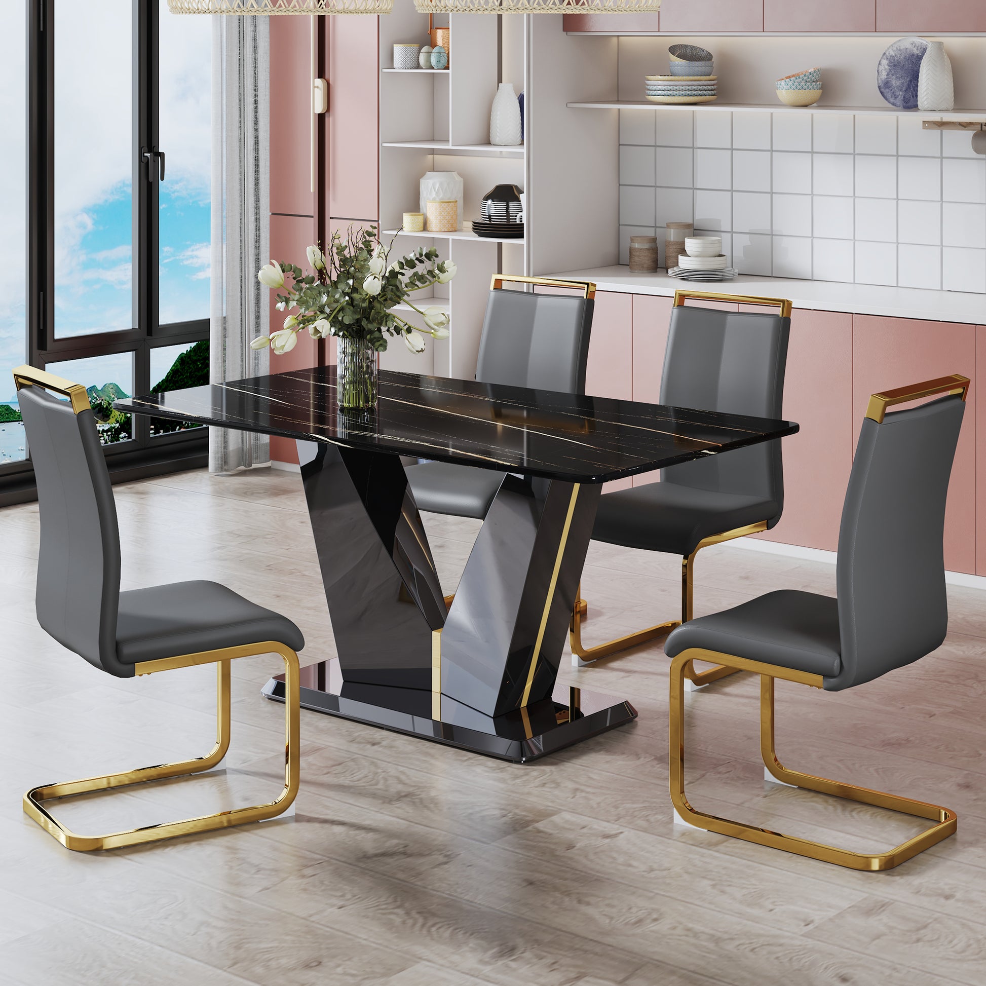 Modern Minimalist Rectangular Dining Table, 0.4 Inch Thick, With A Black Imitation Marble Pattern Desktop And Black Mdf Legs. Suitable For Kitchen And Restaurant 63''*35.4''X30" F Dv Black Mdf Glass