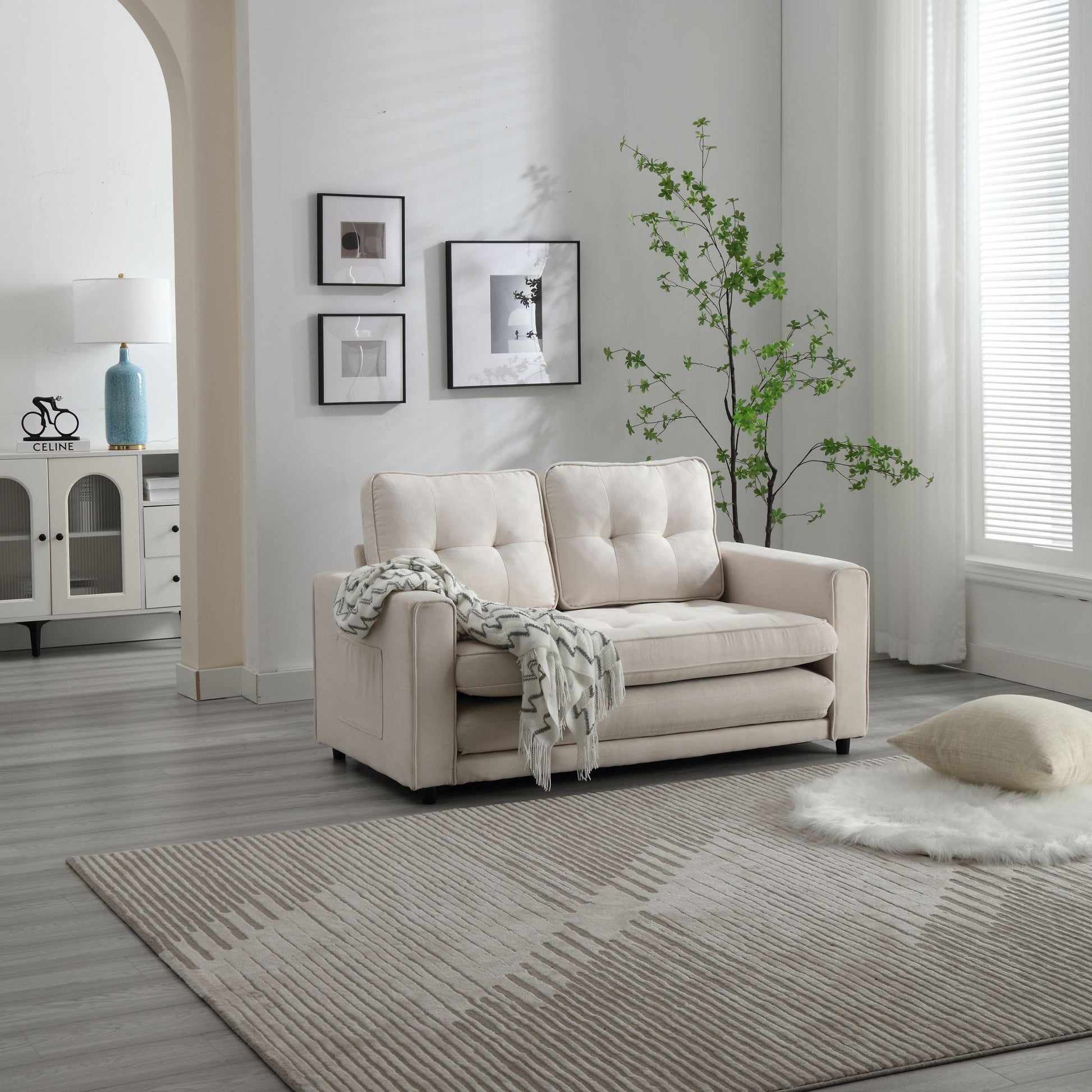 3 Fold Sofa,Convertible Futon Couch Sleeper Sofabed,Space Saving Seat,Pull Out Couch Bed For Living Room,Dark Gray & Light Gray & Beige,Velvet Linen Fabric Beige Velvet Wood Primary Living Space Medium Soft Loose Back Modern Square Arms Velvet 2 Seat