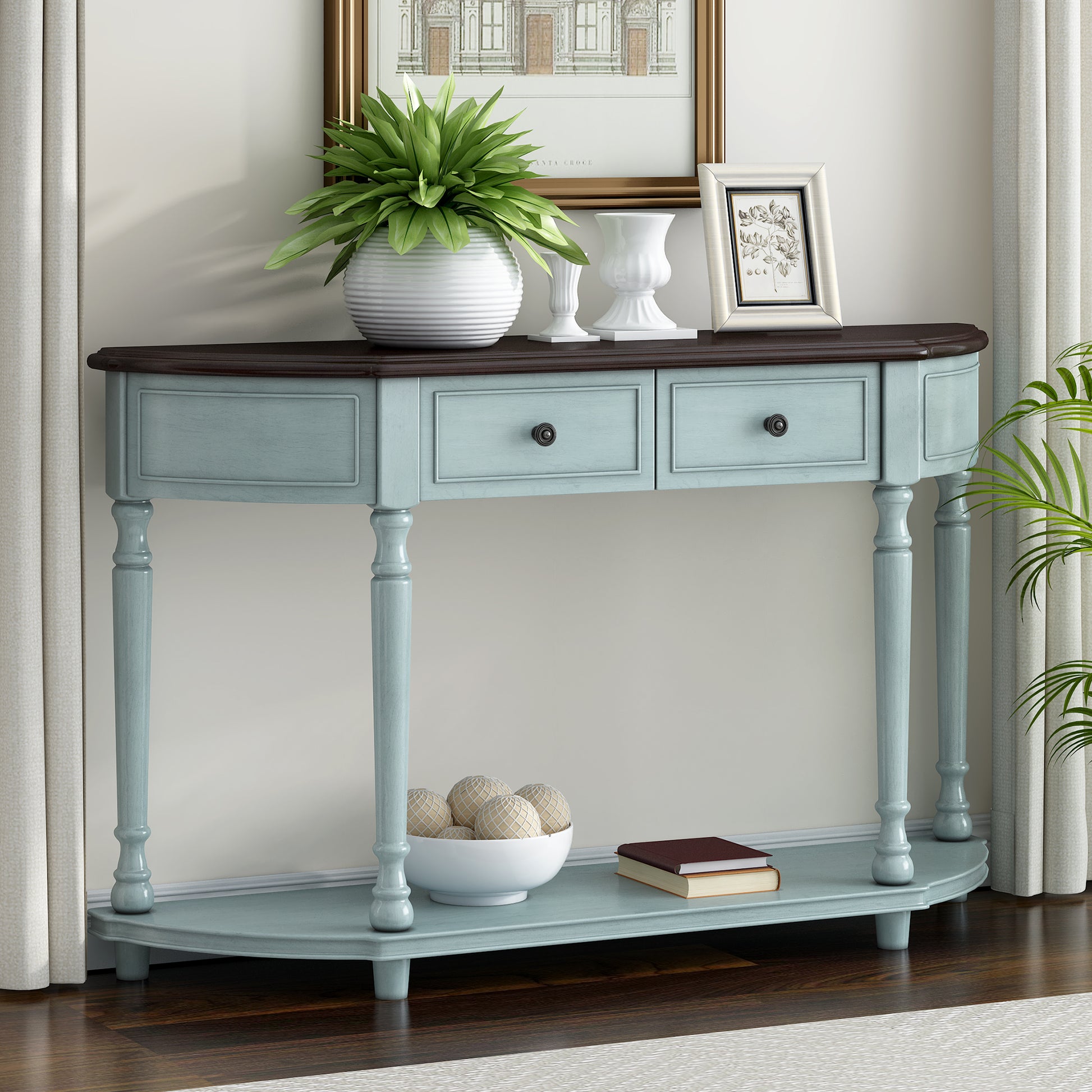 Retro Circular Curved Design Console Table With Open Style Shelf Solid Wooden Frame And Legs Two Top Drawers Cherry Antique Blue, Old Sku: Wf298768Aac Cherry Antique Blue Solid Wood