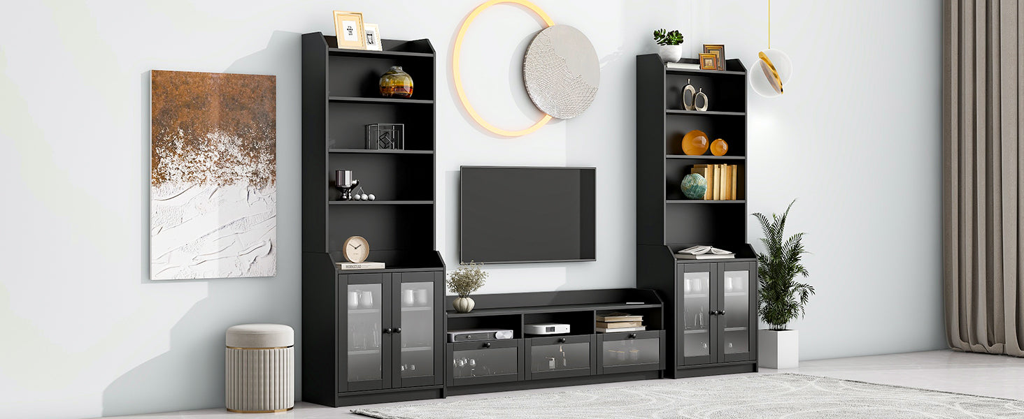 Chic Elegant Entertainment Wall Unit With Tall Cabinets, Modern Tv Console Table For Tvs Up To 65", Multifunctional Tv Stand Set With Acrylic Board Door, Black Black Primary Living Space 60 69 Inches 60 69 Inches 65 Inches Particle Board