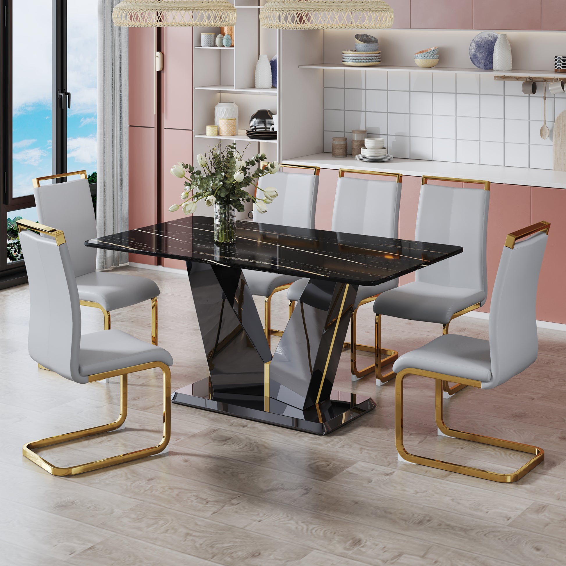 Modern Minimalist Rectangular Dining Table, 0.4 Inch Thick, With A Black Imitation Marble Pattern Desktop And Black Mdf Legs. Suitable For Kitchen And Restaurant 63''*35.4''X30" F Dv Black Mdf Glass