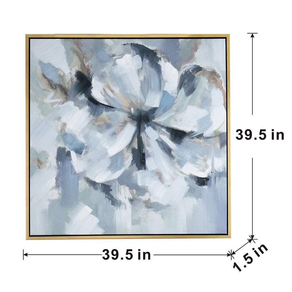 39.5" x 39.5" Large Modern Flower Oil Painting, Square blue+grey-polyester