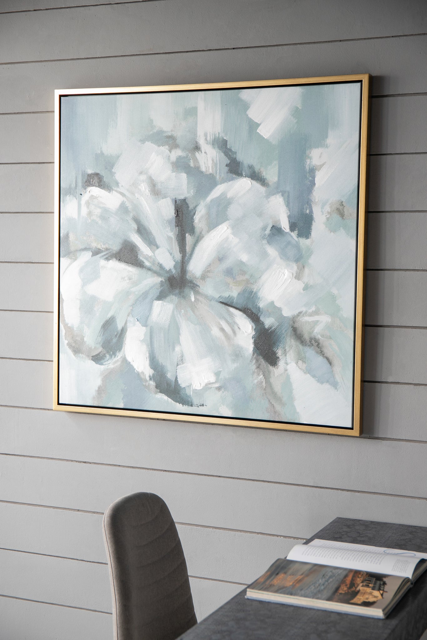 39.5" x 39.5" Large Modern Flower Oil Painting, Square blue+grey-polyester