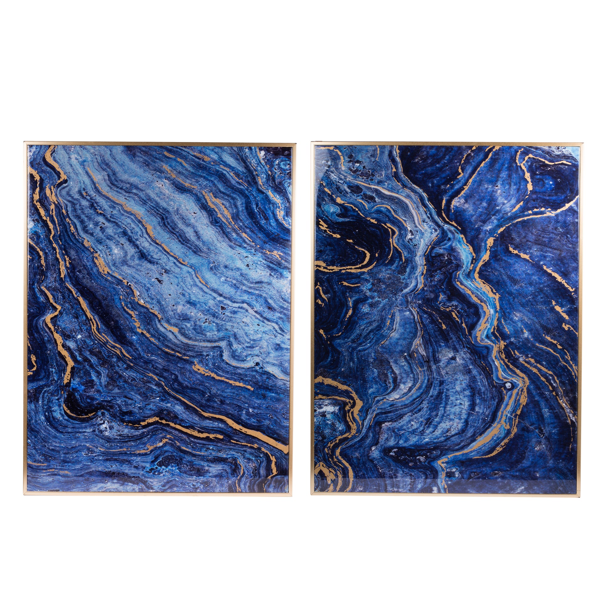 Set Of 2 Blue And Gold Framed Art Panels, Unique Marbled Design, 30.5" X 40" Blue Mdf