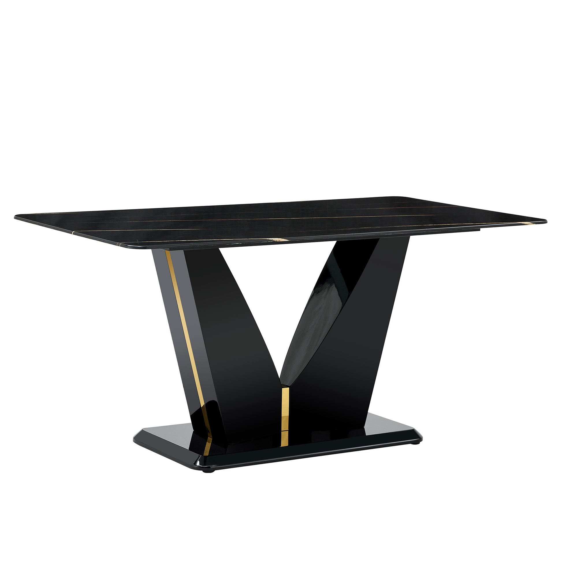 Modern Minimalist Rectangular Dining Table, 0.4 Inch Thick, With A Black Imitation Marble Pattern Desktop And Black Mdf Legs. Suitable For Kitchen And Restaurant 63''*35.4''X30" F Dv Black Mdf Glass