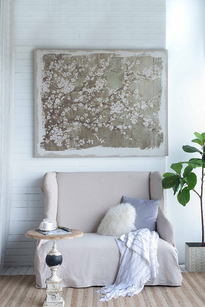 60" X 48" Large Cherry Blossom Canvas Art Print, Home Decor Accent Piece Gray White Matte Mdf