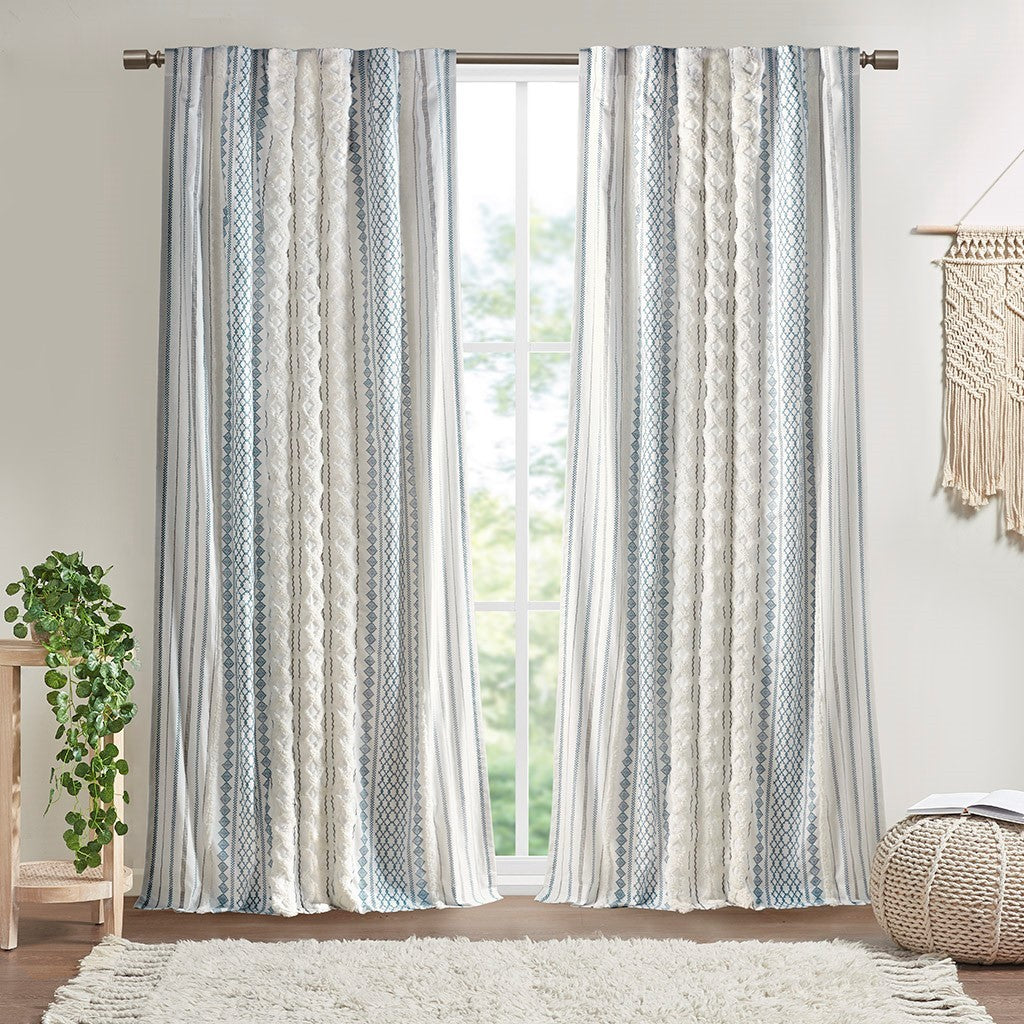 Cotton Printed Curtain Panel With Chenille Stripe And Lining Only 1 Pc Panel Multicolor Cotton