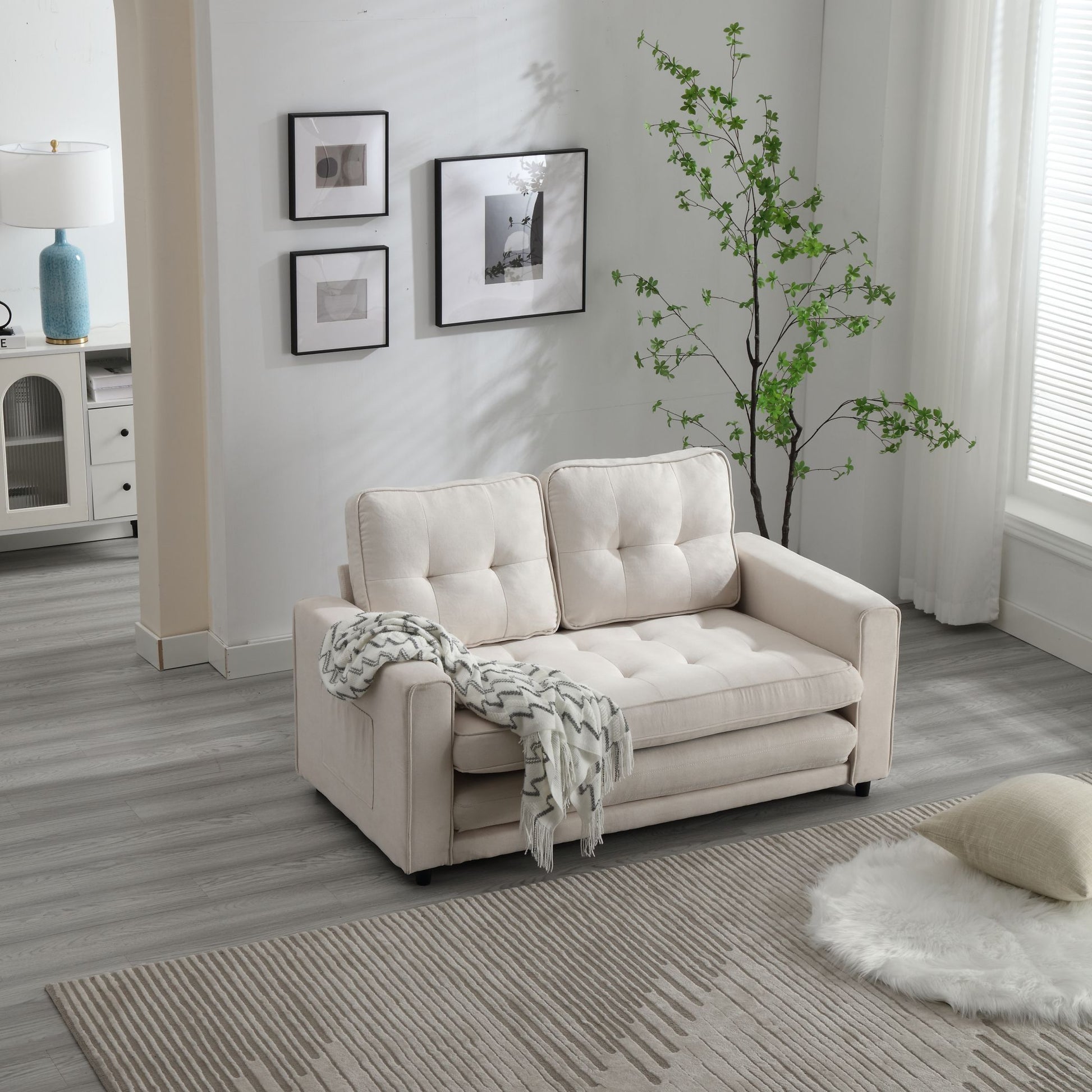 3 Fold Sofa,Convertible Futon Couch Sleeper Sofabed,Space Saving Seat,Pull Out Couch Bed For Living Room,Dark Gray & Light Gray & Beige,Velvet Linen Fabric Beige Velvet Wood Primary Living Space Medium Soft Loose Back Modern Square Arms Velvet 2 Seat