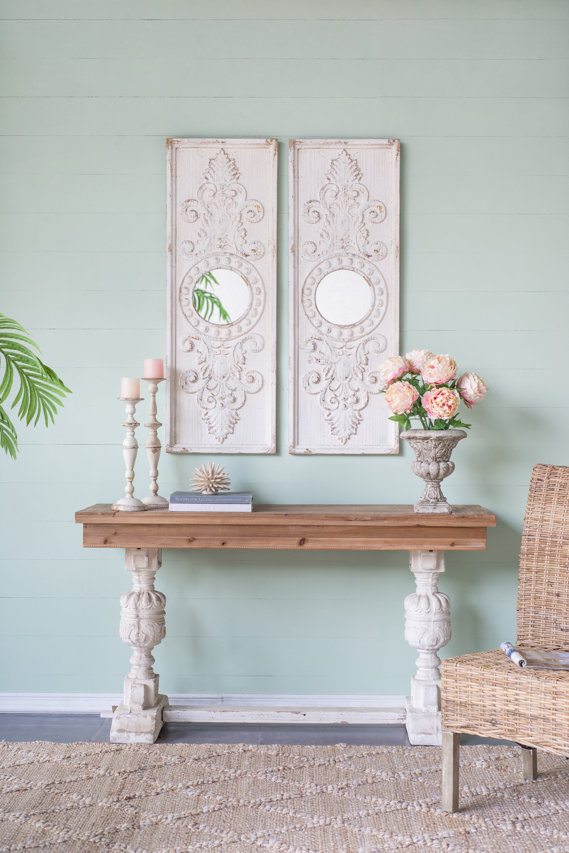 Set Of 2 Large Wooden Wall Art Panels With Distressed White Finish And Round Mirror Accents,17" X 48" White Wood