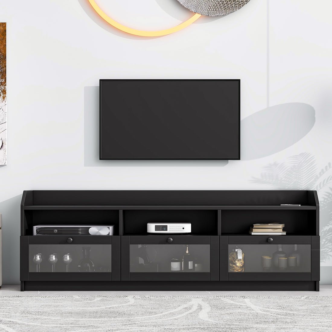 Sleek & Modern Design Tv Stand With Acrylic Board Door, Chic Elegant Media Console For Tvs Up To 65", Large Storage Space Tv Cabinet With Black Handles, Black Black Primary Living Space 60 69 Inches 60 69 Inches 65 Inches Particle Board