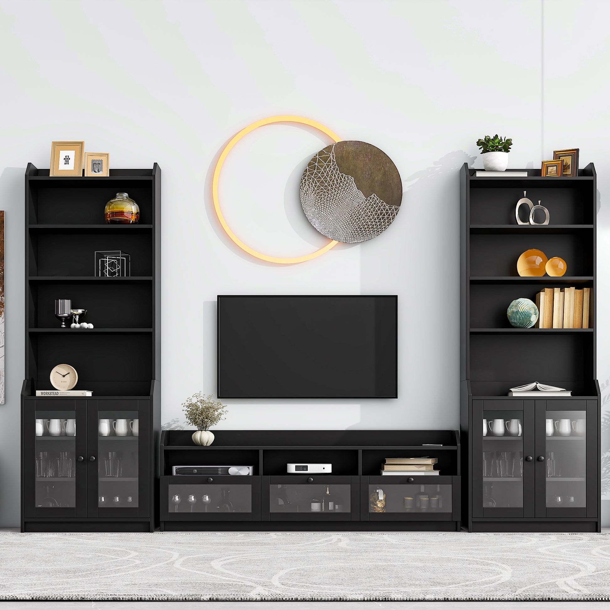 Chic Elegant Entertainment Wall Unit With Tall Cabinets, Modern Tv Console Table For Tvs Up To 65", Multifunctional Tv Stand Set With Acrylic Board Door, Black Black Primary Living Space 60 69 Inches 60 69 Inches 65 Inches Particle Board