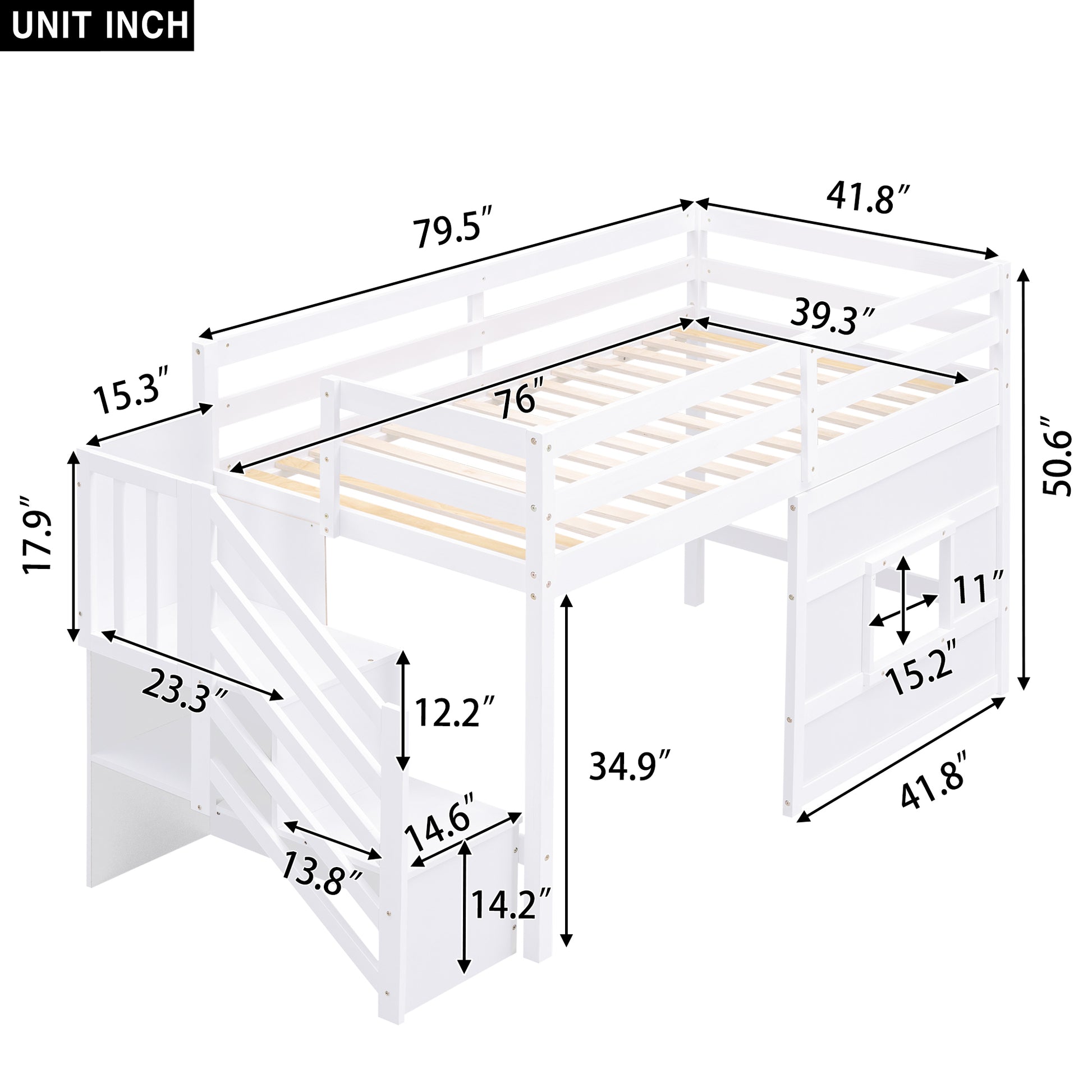 Twin Size Loft Bed With Storage Staircase And Window, White Box Spring Not Required Twin White Wood Bedroom Solid Wood Mdf