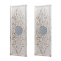 Set Of 2 Large Wooden Wall Art Panels With Distressed White Finish And Round Mirror Accents,17