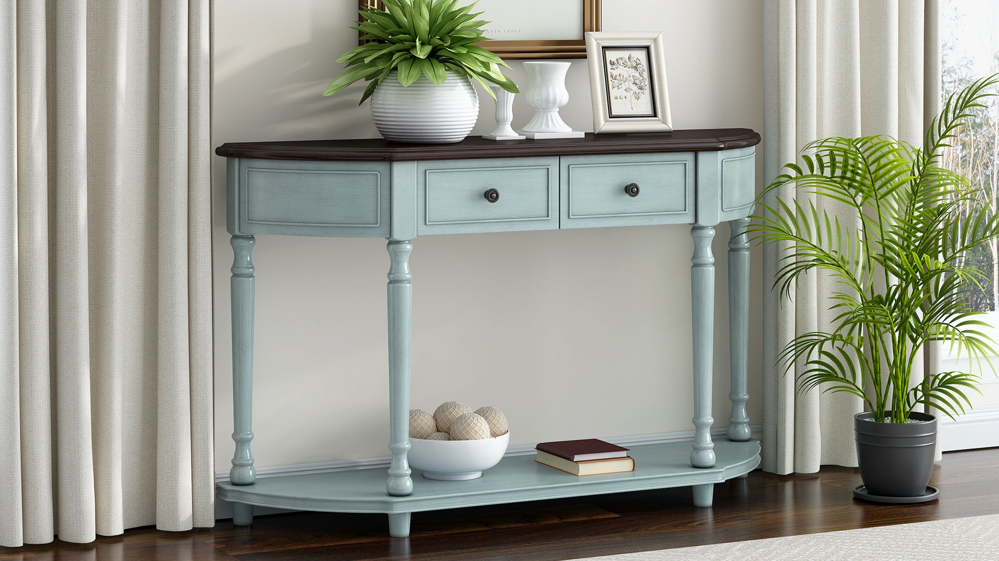 Retro Circular Curved Design Console Table With Open Style Shelf Solid Wooden Frame And Legs Two Top Drawers Cherry Antique Blue, Old Sku: Wf298768Aac Cherry Antique Blue Solid Wood