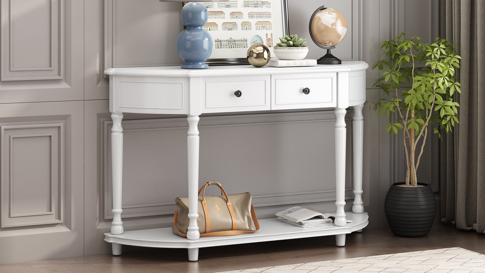 Retro Circular Curved Design Console Table With Open Style Shelf Solid Wooden Frame And Legs Two Top Drawers White, Old Sku: Wf298768Aak White Solid Wood