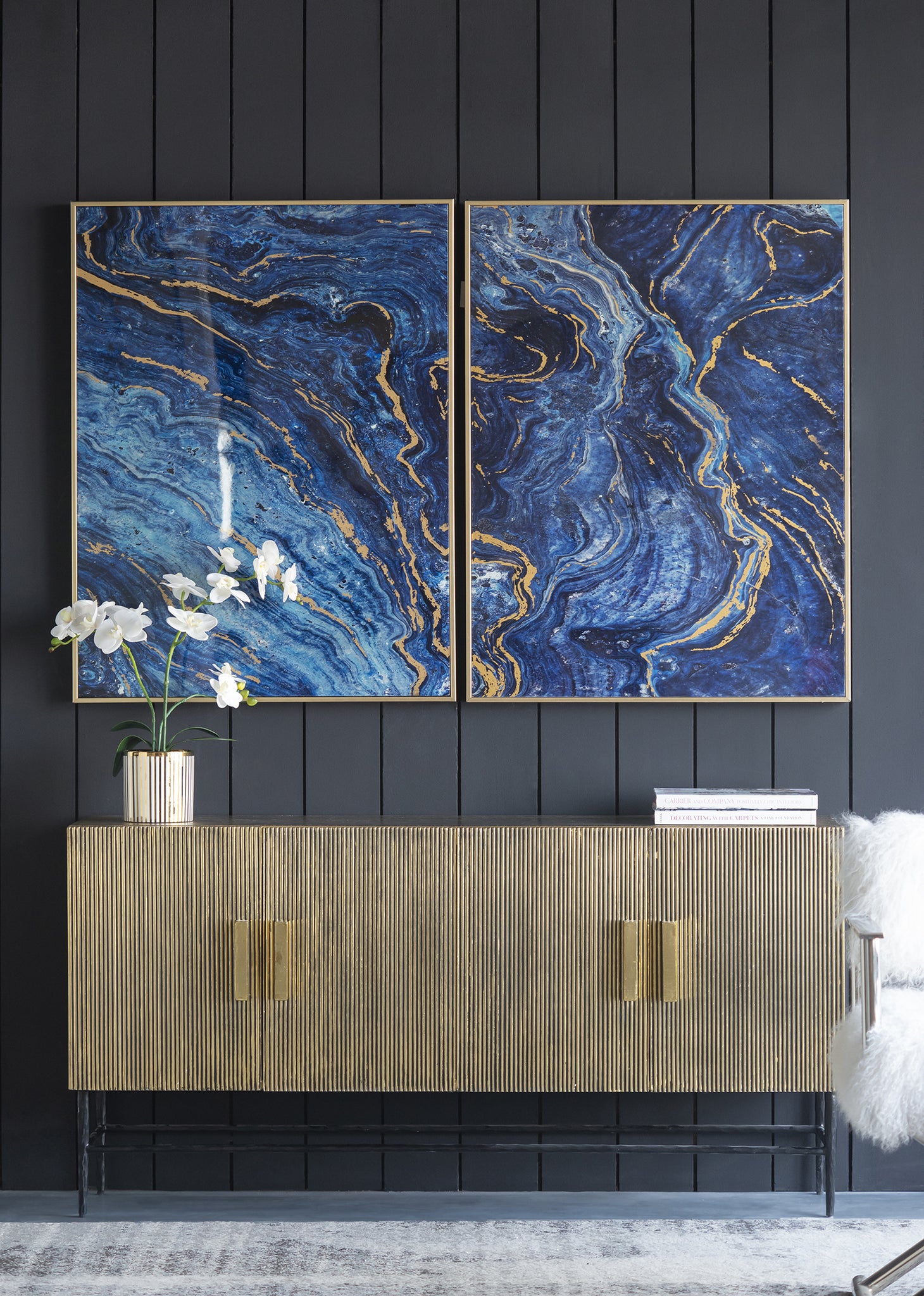 Set of 2 Blue and Gold Framed Art Panels, Unique blue-mdf