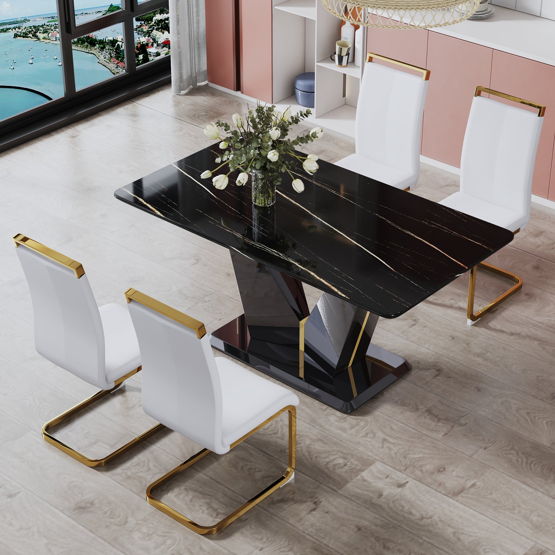 Modern Minimalist Rectangular Dining Table, 0.4 Inch Thick, With A Black Imitation Marble Pattern Desktop And Black Mdf Legs. Suitable For Kitchen And Restaurant 63''*35.4''X30" F Dv Black Mdf Glass