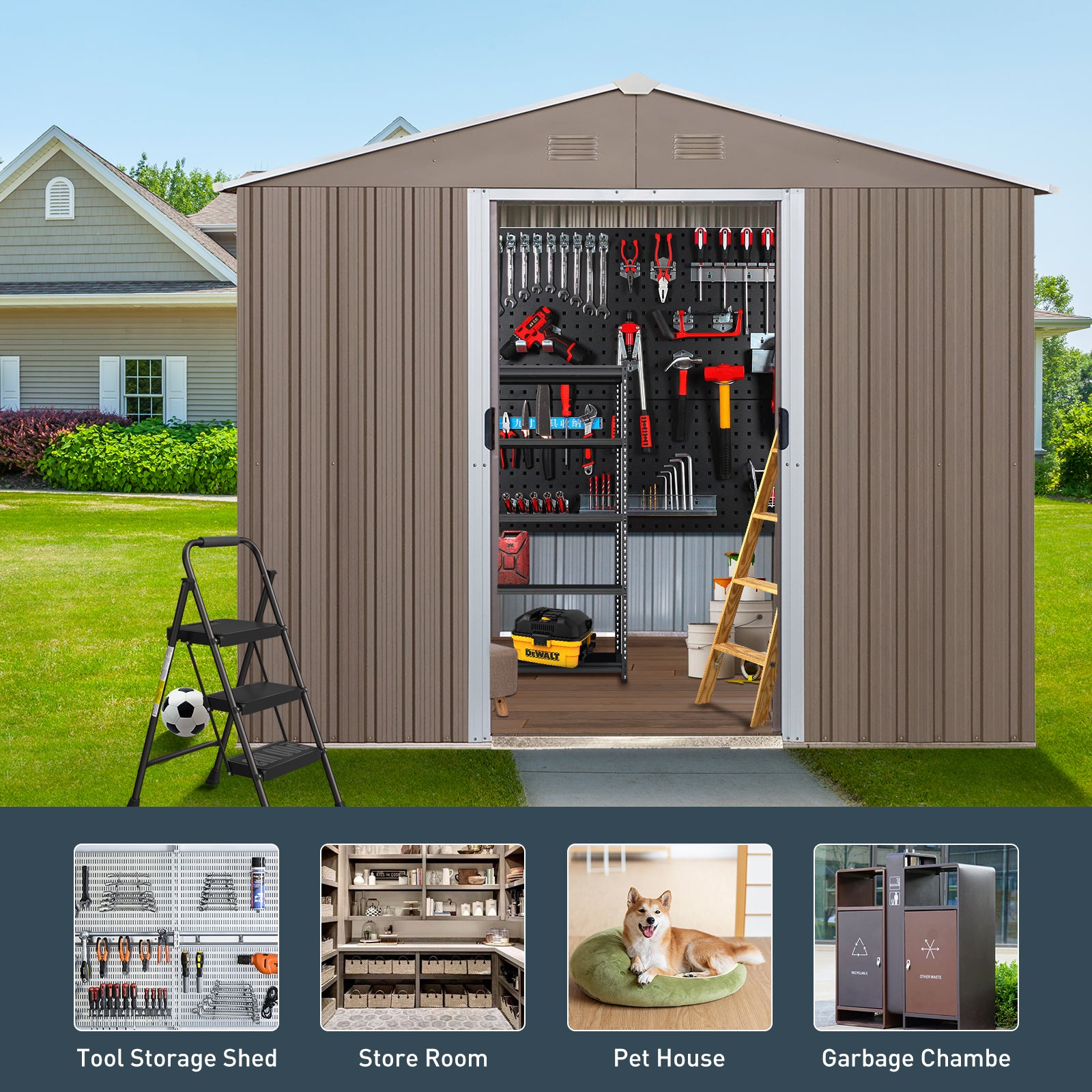 8Ft X 10Ft Outdoor Metal Storage Shed With Metal Floor Base,With Window,Grey W540S00017 Grey Iron