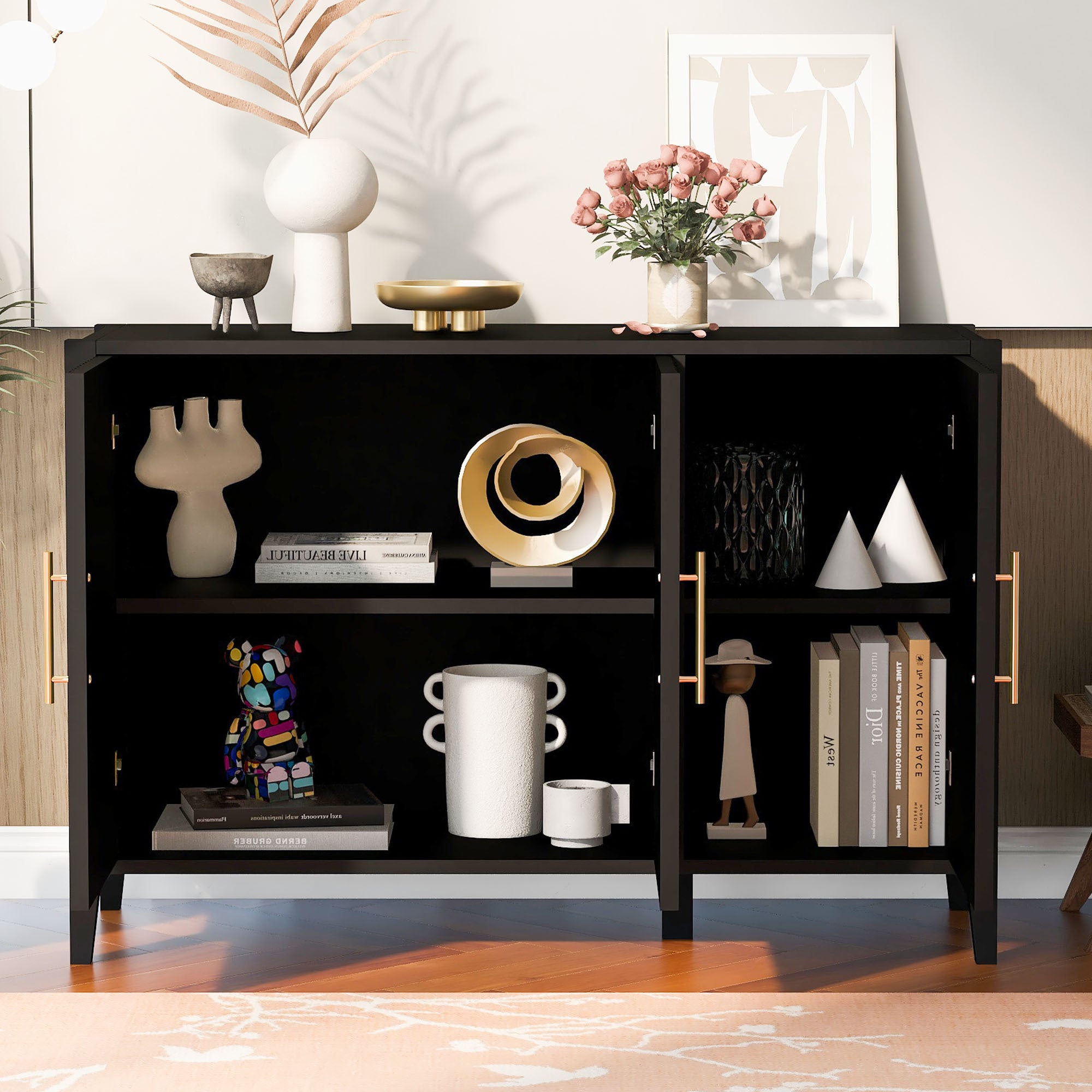 Featured Three door Storage Cabinet with Metal 1-2 shelves-black-primary living space-shelves