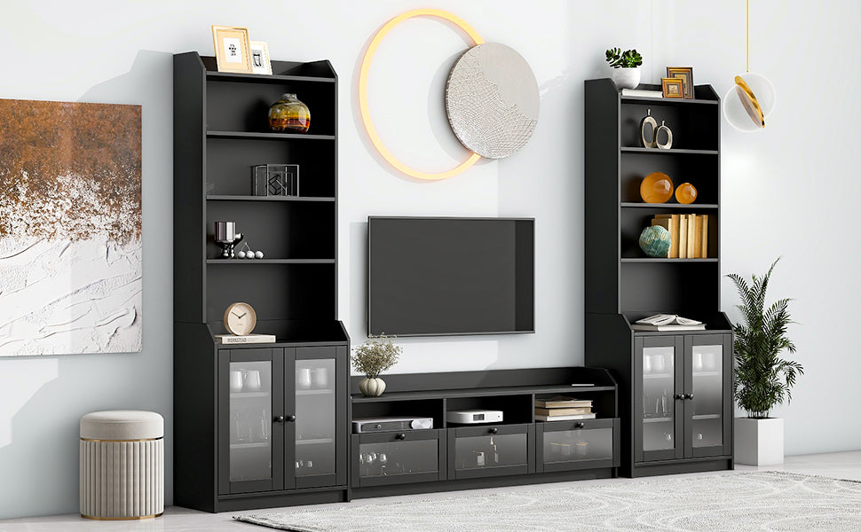 Chic Elegant Entertainment Wall Unit With Tall Cabinets, Modern Tv Console Table For Tvs Up To 65", Multifunctional Tv Stand Set With Acrylic Board Door, Black Black Primary Living Space 60 69 Inches 60 69 Inches 65 Inches Particle Board