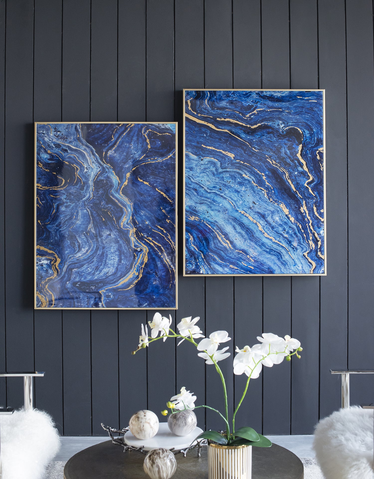 Set of 2 Blue and Gold Framed Art Panels, Unique blue-mdf