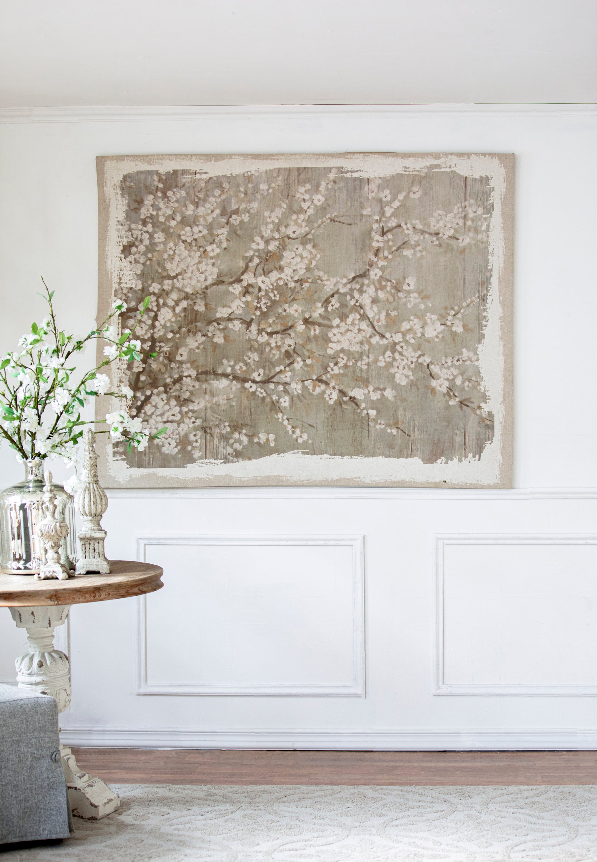 60" X 48" Large Cherry Blossom Canvas Art Print, Home Decor Accent Piece Gray White Matte Mdf