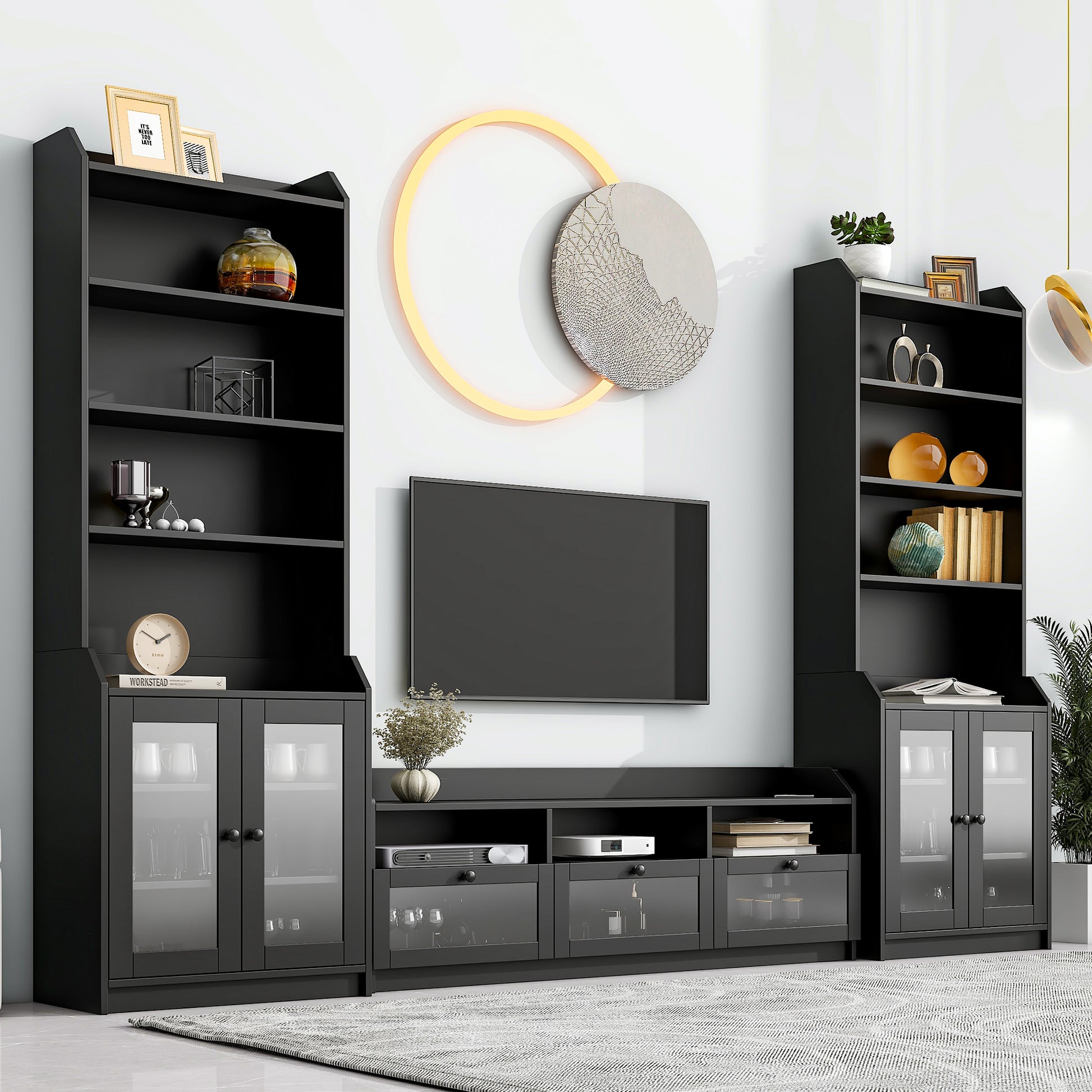 Chic Elegant Entertainment Wall Unit With Tall Cabinets, Modern Tv Console Table For Tvs Up To 65", Multifunctional Tv Stand Set With Acrylic Board Door, Black Black Primary Living Space 60 69 Inches 60 69 Inches 65 Inches Particle Board