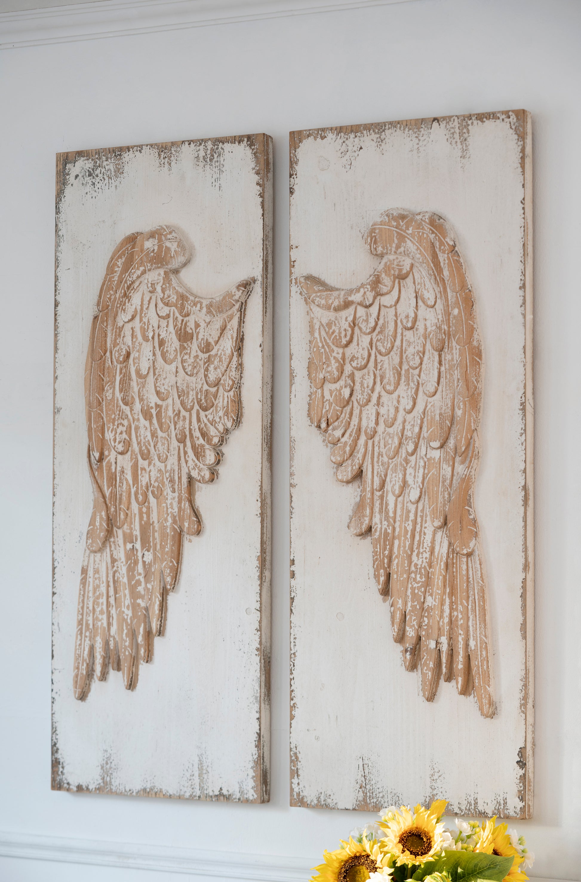 Set Of 2 Feather Wing Wall Panels With Distressed White Finish, Rectangle Hanging Wall Art, 42" X 15.5" Multicolor Wood