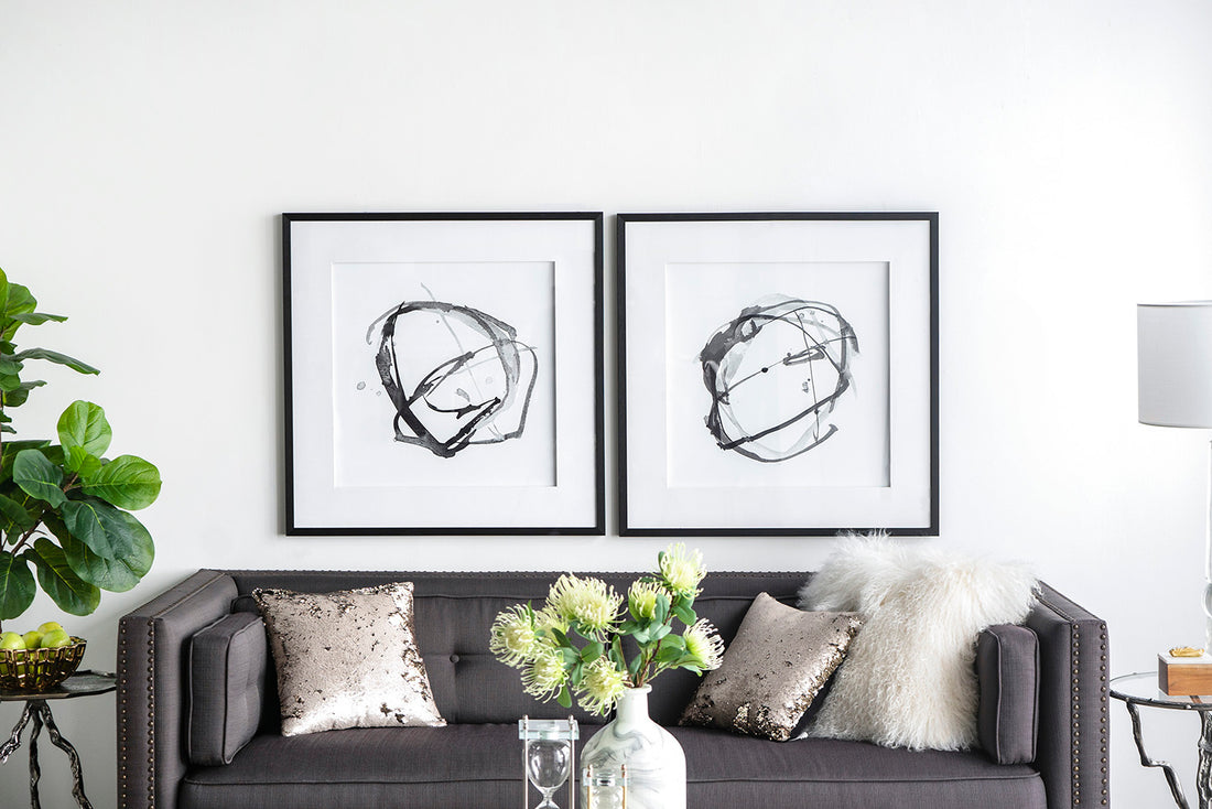 Set of 2 Modern Abstract Wall Art, Square Framed