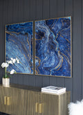Set Of 2 Blue And Gold Framed Art Panels, Unique Marbled Design, 30.5