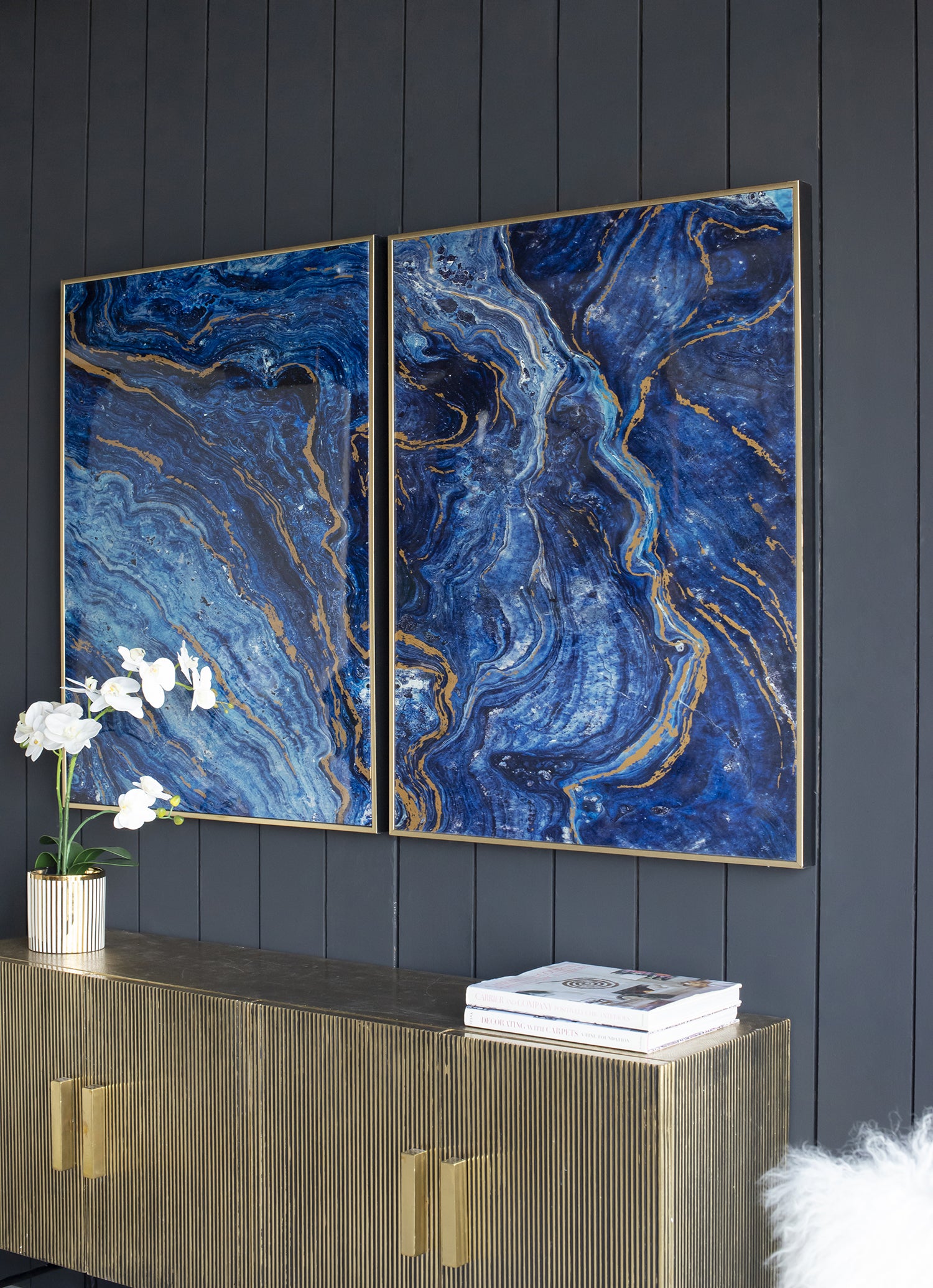 Set Of 2 Blue And Gold Framed Art Panels, Unique Marbled Design, 30.5" X 40" Blue Mdf