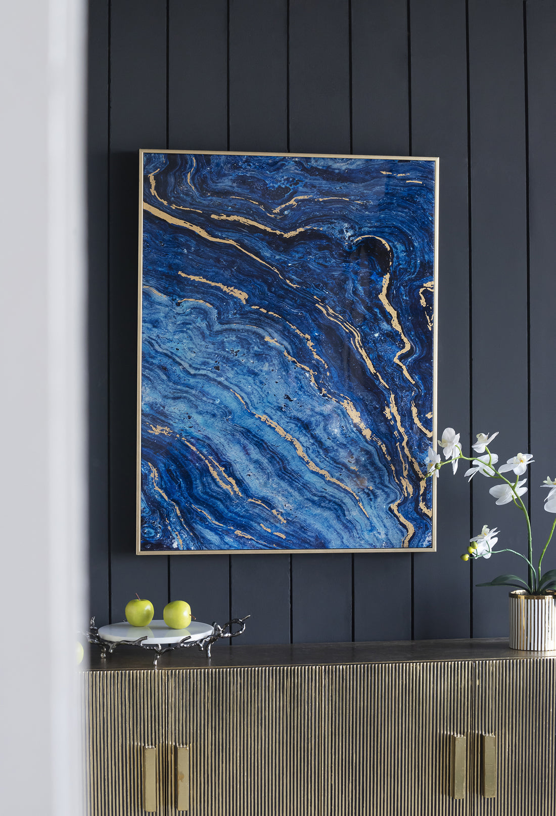 Set Of 2 Blue And Gold Framed Art Panels, Unique Marbled Design, 30.5" X 40" Blue Mdf