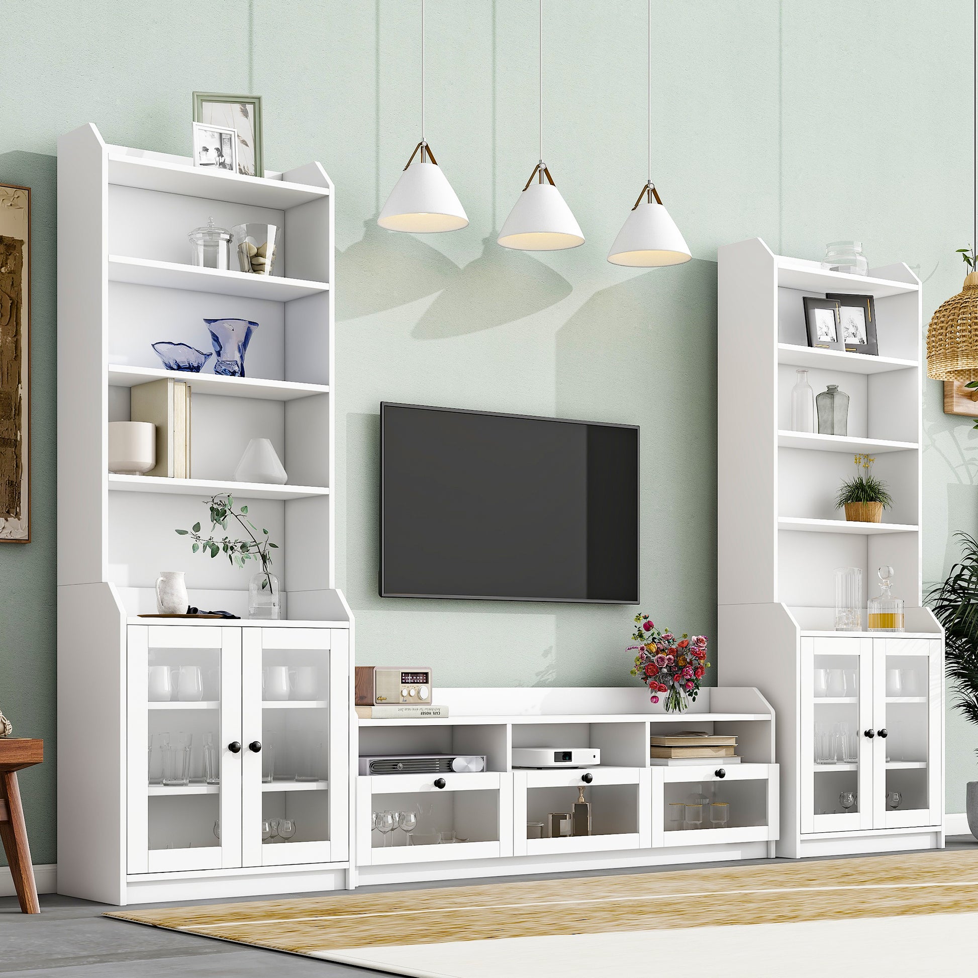 Chic Elegant Entertainment Wall Unit With Tall Cabinets, Modern Tv Console Table For Tvs Up To 65", Multifunctional Tv Stand Set With Acrylic Board Door, White White Primary Living Space 60 69 Inches 60 69 Inches 65 Inches Particle Board