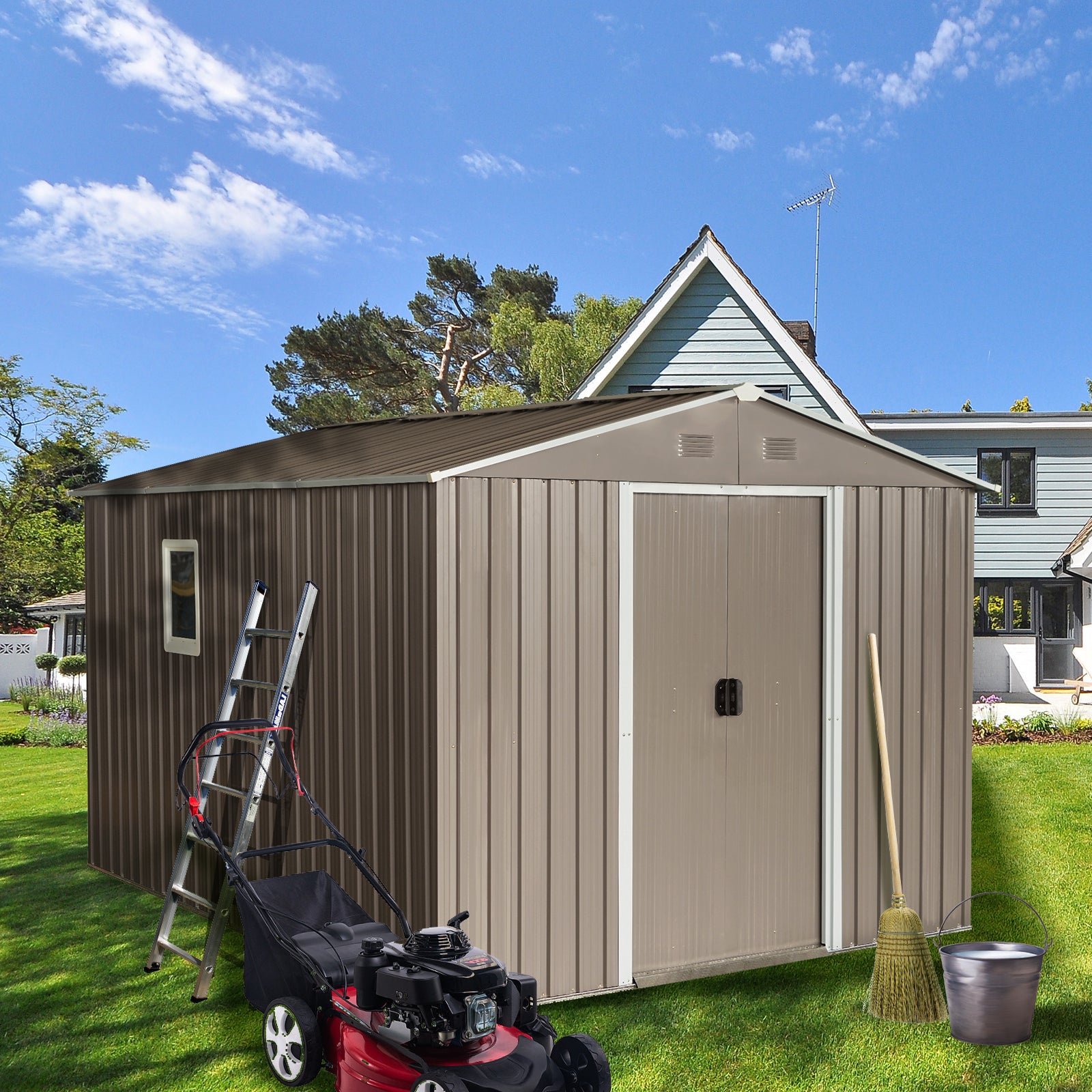 8Ft X 10Ft Outdoor Metal Storage Shed With Metal Floor Base,With Window,Grey W540S00017 Grey Iron