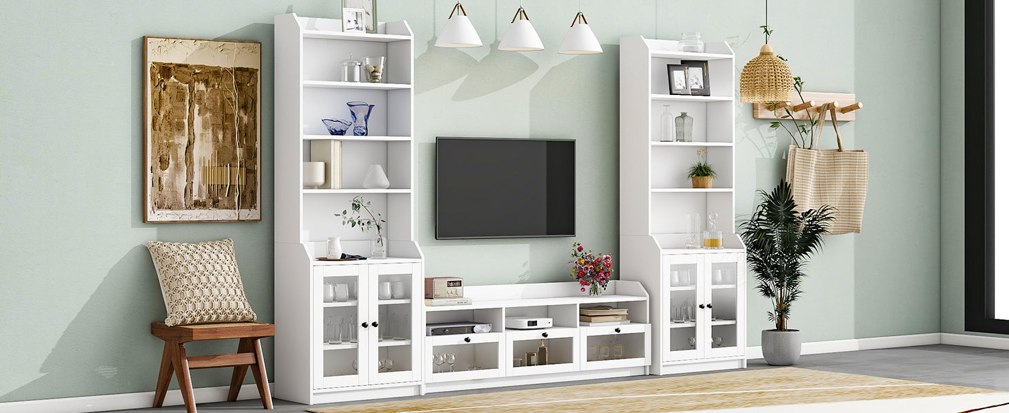 Chic Elegant Entertainment Wall Unit With Tall Cabinets, Modern Tv Console Table For Tvs Up To 65", Multifunctional Tv Stand Set With Acrylic Board Door, White White Primary Living Space 60 69 Inches 60 69 Inches 65 Inches Particle Board