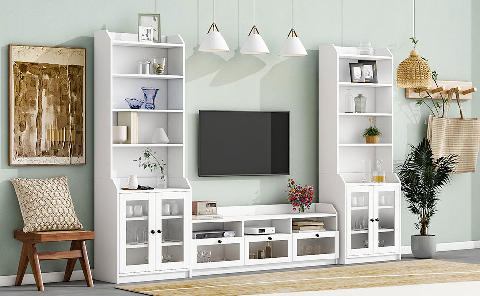 Chic Elegant Entertainment Wall Unit With Tall Cabinets, Modern Tv Console Table For Tvs Up To 65", Multifunctional Tv Stand Set With Acrylic Board Door, White White Primary Living Space 60 69 Inches 60 69 Inches 65 Inches Particle Board