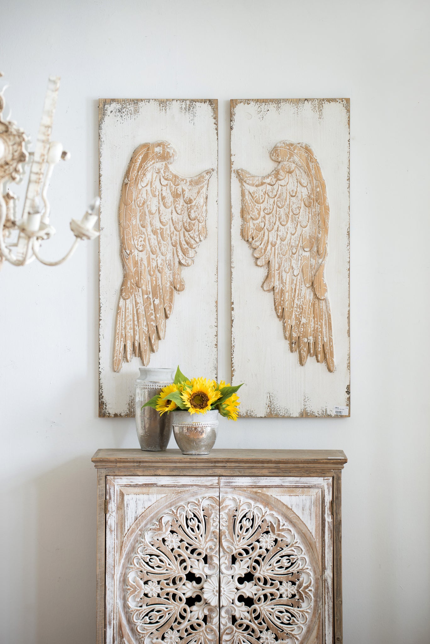 Set of 2 Feather Wing Wall Panels with Distressed