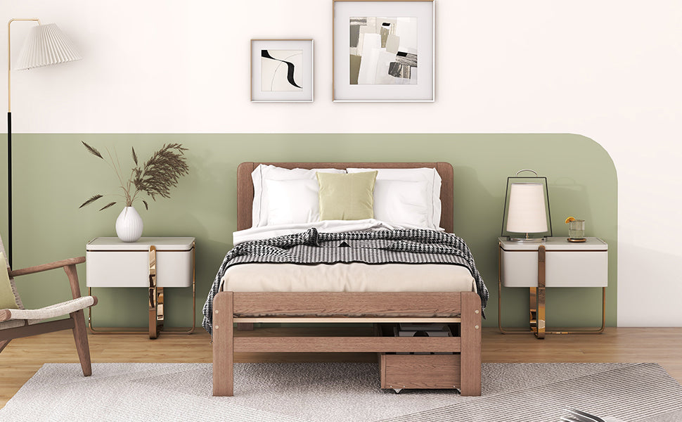 Modern Design Twin Size Platform Bed Frame With 2 Drawers For Walnut Color Twin Walnut Rubber Wood