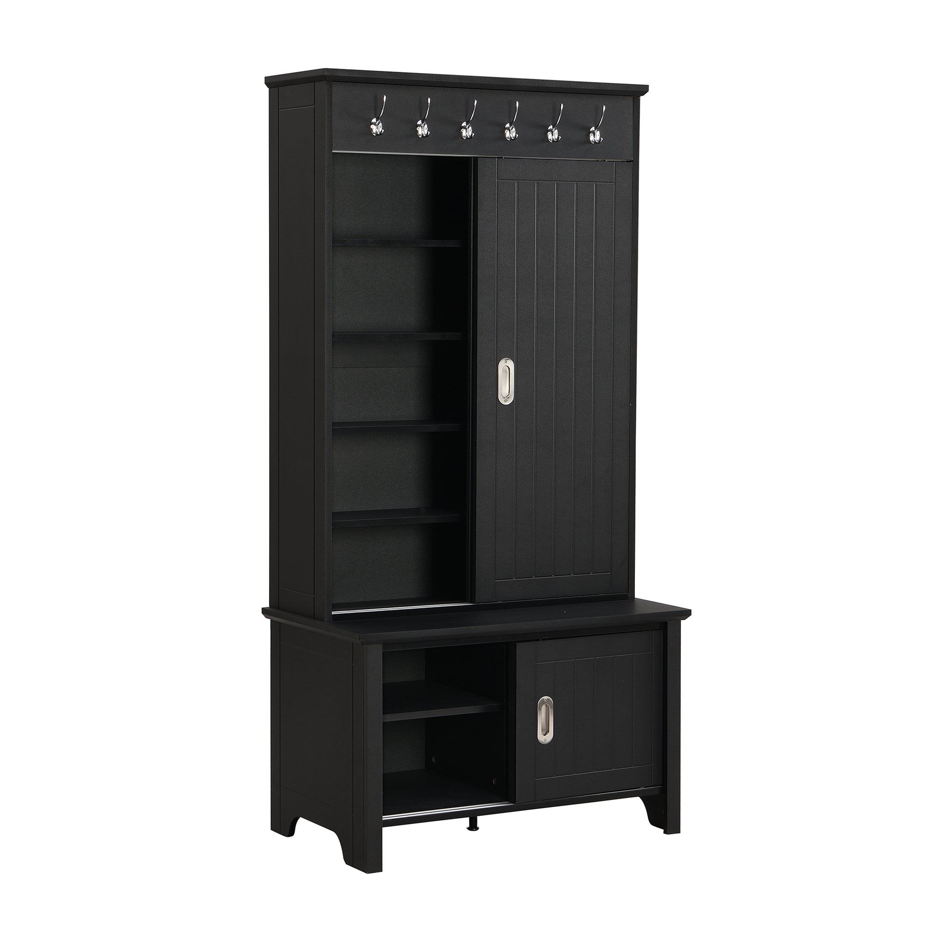 Multifunctional Hall Tree With Sliding Doors, Wooden Hallway Shoe Cabinet With Storage Bench And Shelves, Mudroom Coat Storage With Hanging Hooks For Entryways, Black Black Mdf