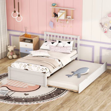 Wooden Twin Size Platform Bed Frame With Trundle For White Washed Color White Washed Rubber Wood