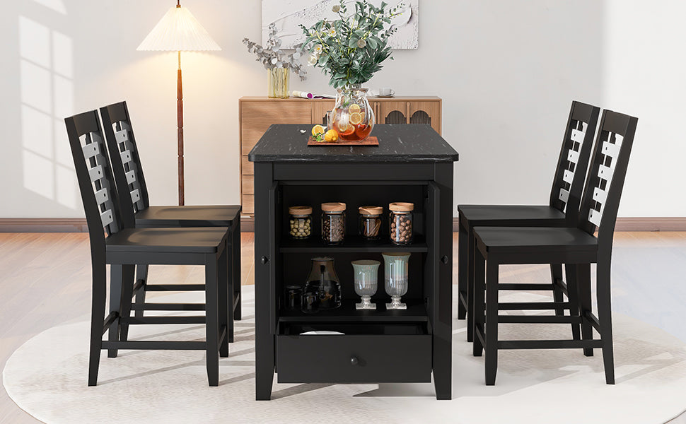 Counter Height 5 Piece Dining Table Set With Faux Marble Tabletop, Solid Wood Table Set With Storage Cabinet And Drawer, Black Wood Dining Room Solid Wood Rubberwood Rectangular Sideboard Included Wood Black Ladder Back Seats 4 60 Inches Rustic 4 Leg