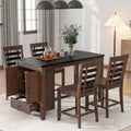 Counter Height 5 Piece Dining Table Set With Faux Marble Tabletop, Solid Wood Table Set With Storage Cabinet And Drawer, Dark Walnut Wood Dining Room Solid Wood Rubberwood Rectangular Sideboard Included Wood Walnut Ladder Back Seats 4 60 Inches Rustic 4