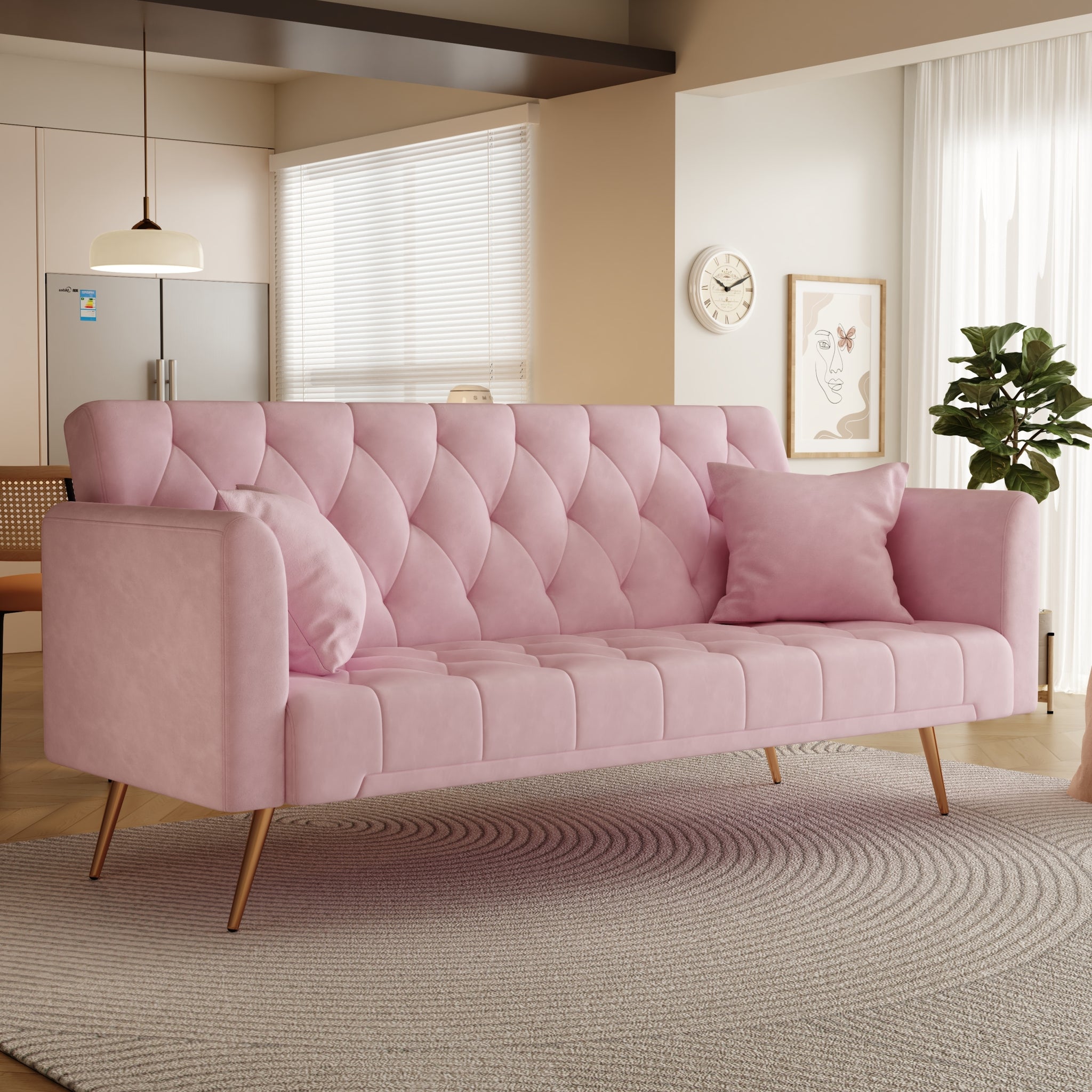 71 Inch Convertibleseat Sofa, American Retro Pink Velvet, Suitable For