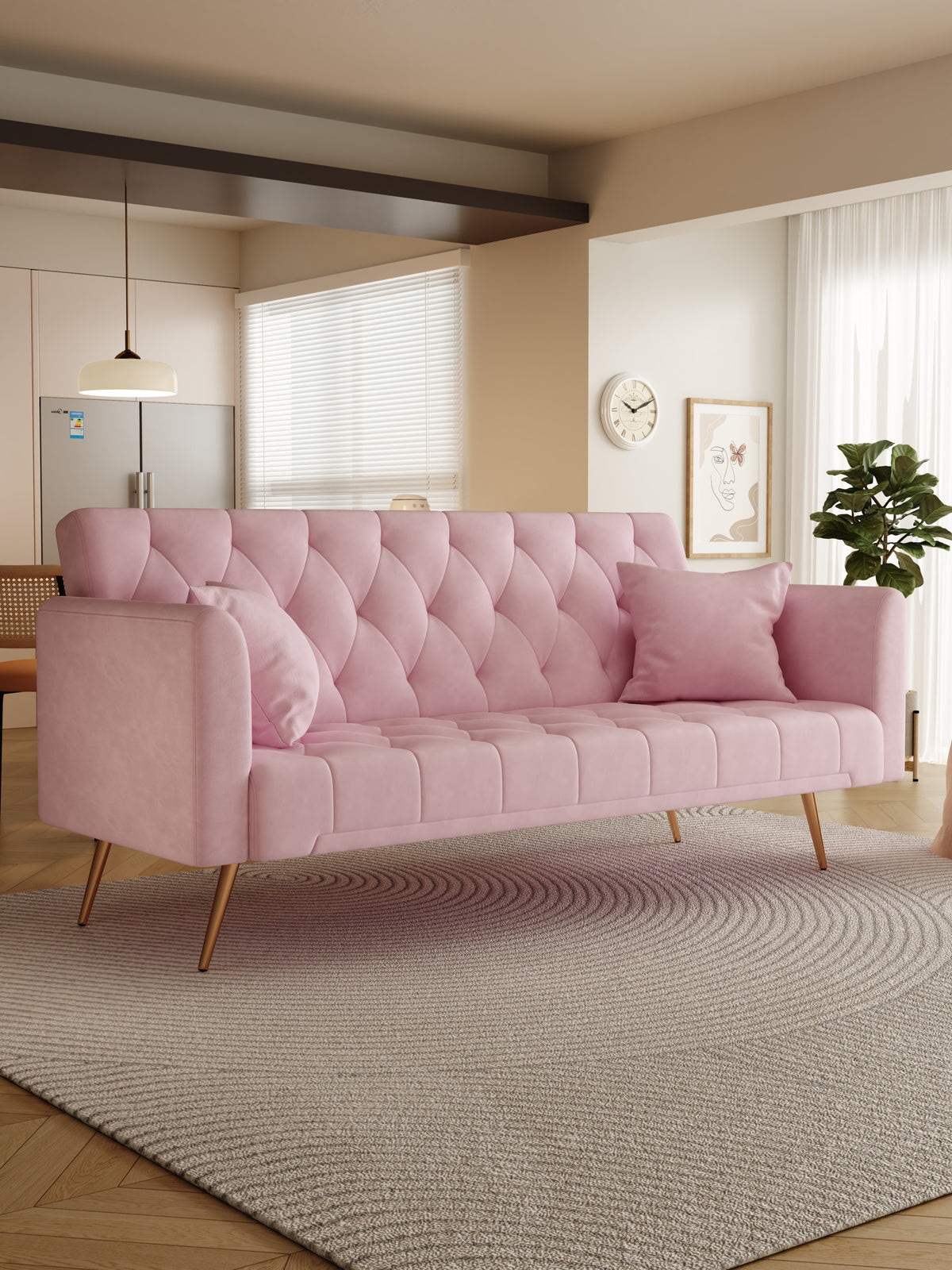 71 Inch Convertibleseat Sofa, American Retro Pink Velvet, Suitable For