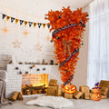 7.5 Ft Orange Upside Down Christmas Tree With 300 Led Warm Lights X Mas, Halloween Themed Ornaments And Satin Ribbon Orange Pvc