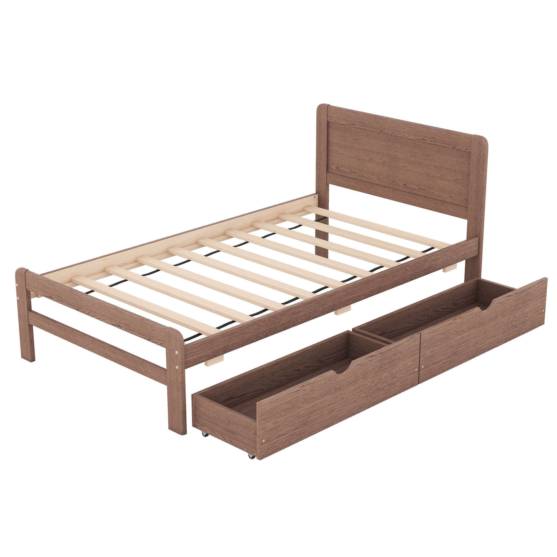 Modern Design Twin Size Platform Bed Frame With 2 Drawers For Walnut Color Twin Walnut Rubber Wood
